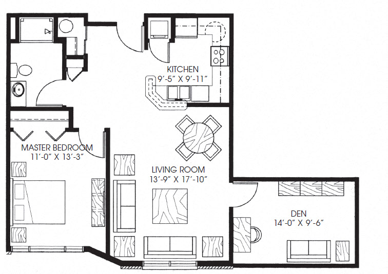Floor plan for 1 bed, 1 bath, 890 sqft